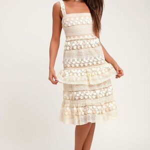 Lulus Ethereal White and Nude Lace Midi Dress